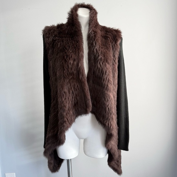 Love Token Knit Rabbit Fur Jacket Cardigan Ribbed Sleeve Open Front Asymmetrical - Picture 8 of 16